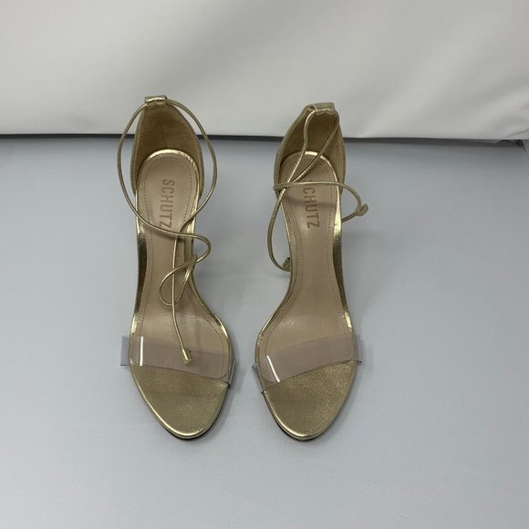 Schutz JOSSEANA Sandal Womens 8.5B Gold Vinyl/Metallic/Platina Strap Ankle S0419 - Picture 3 of 10